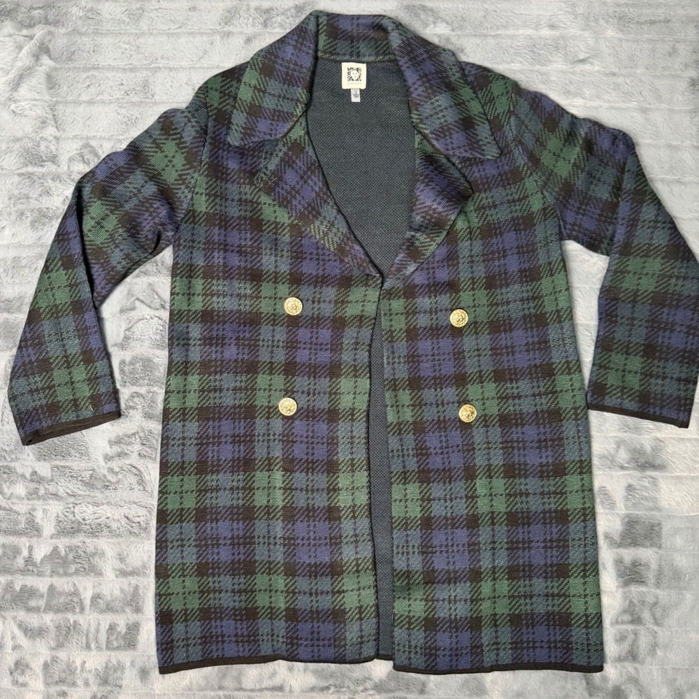 Anne Klein Womens Small Plaid Double Breasted Cardigan Sweater Gold Button Green